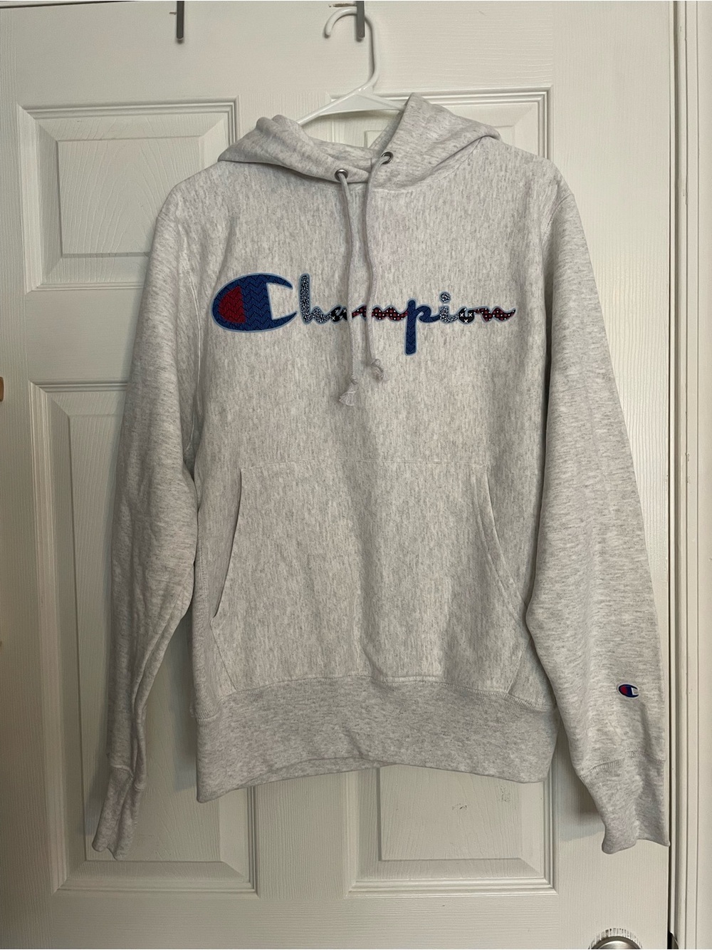 NWT Champion size Small Gray Hoodie with Embroidered Red White and Blue Logo